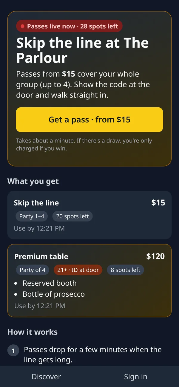 Venue page showing a live pass drop with price and Get a pass button