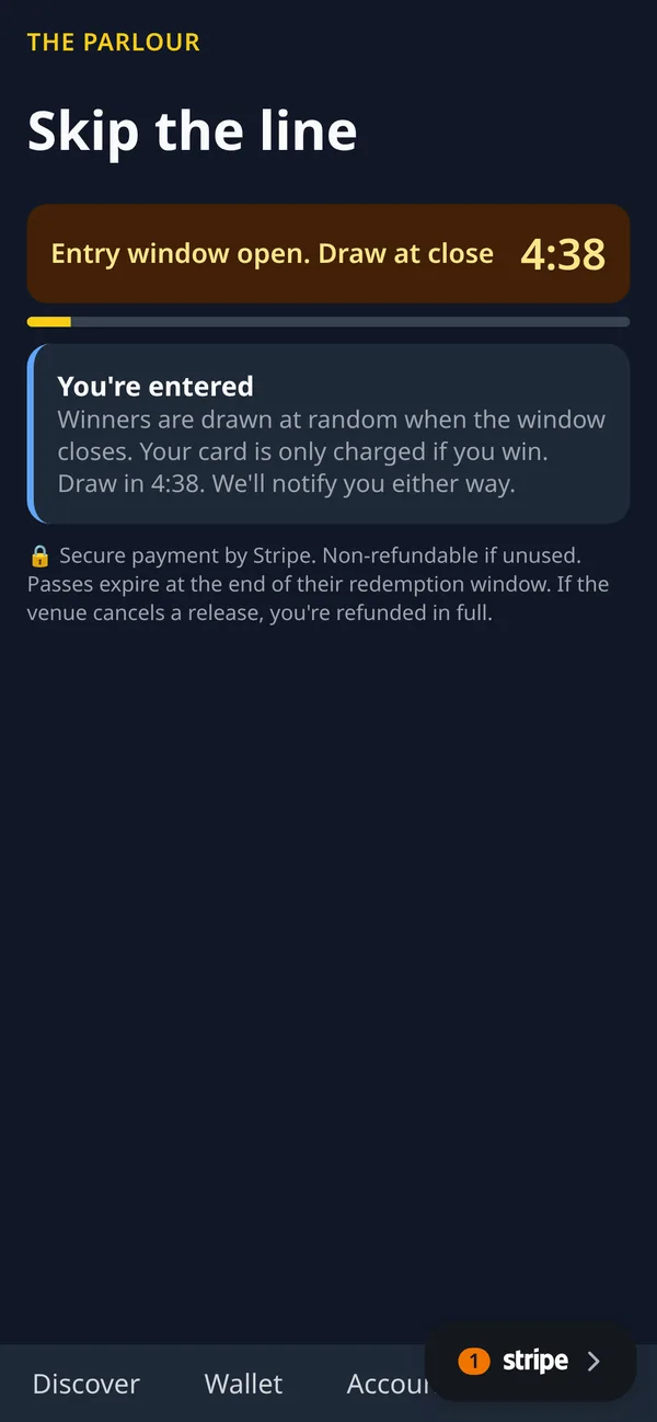 Entered screen with a countdown to the draw