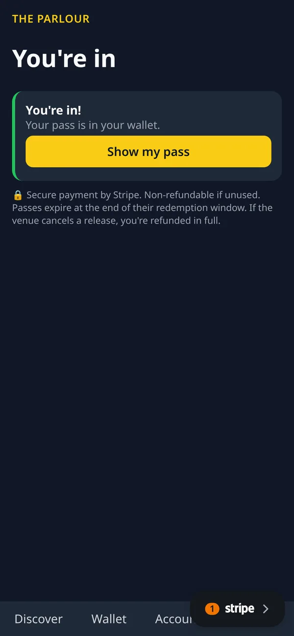 You won screen showing pass details