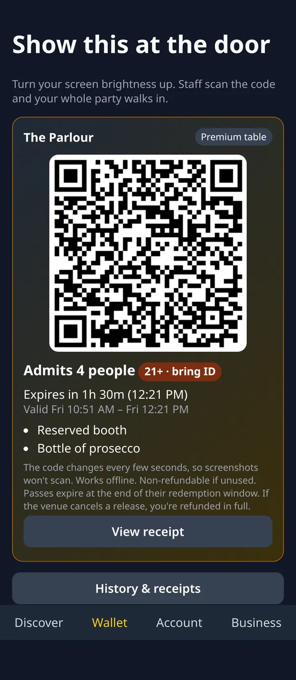 Wallet showing a rotating QR pass